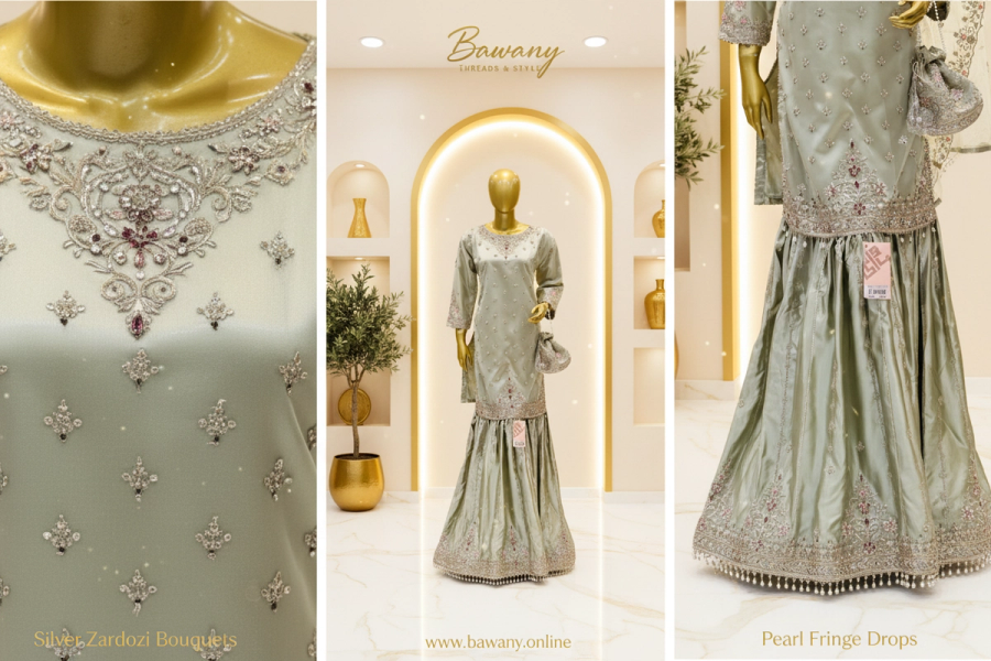 Sage Green Bridal Gharara Suit | Silver Zardozi Bouquet Motifs & Pearl Fringe Drops | 3-Piece Pakistani Formal Wear | Mint Grey Wedding Gharara | Walima & Nikah Collection — view 2 — Formals by Bawany Threads & Style