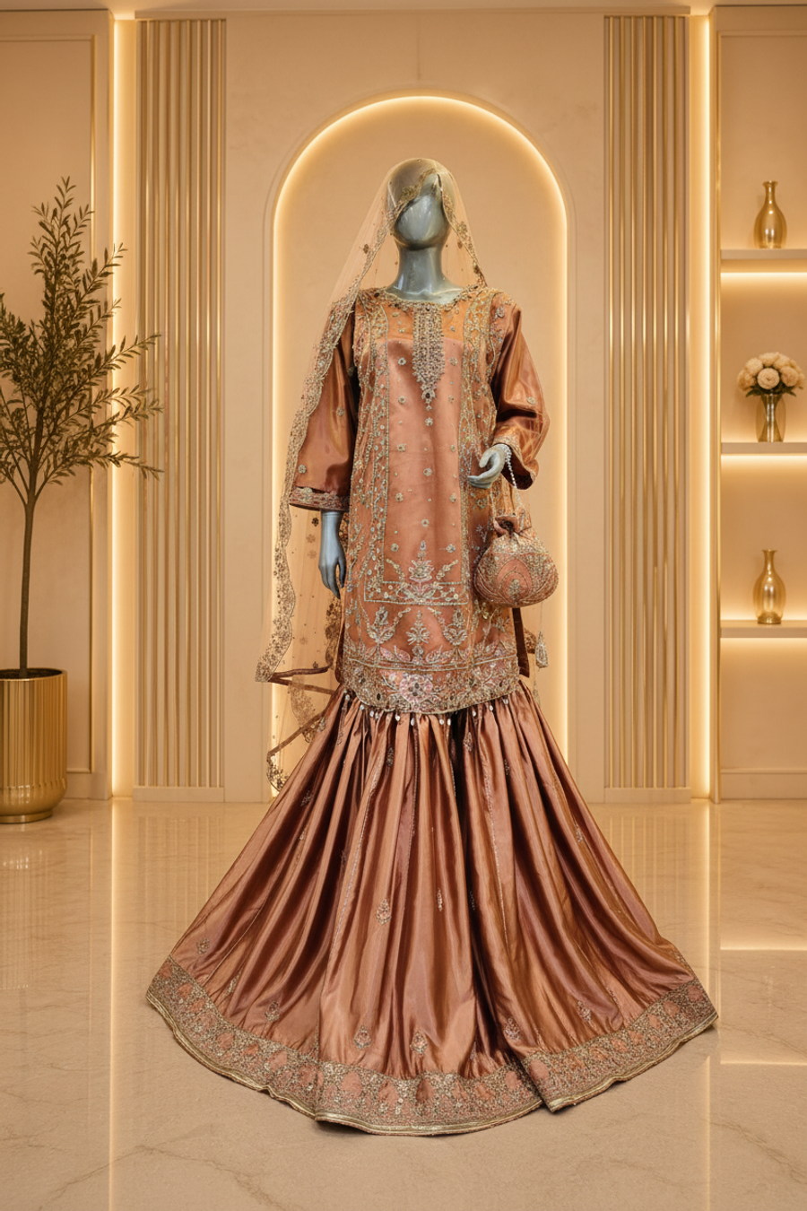 Copper Rose Gold Zardozi Gharara Set with Champagne Dupatta & Potli Bag — Bridal by Bawany Threads & Style