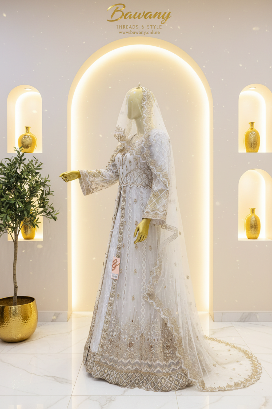 White Bridal Open-Front Jacket Gown | Diamond Lattice Silver Zardozi & Bell Sleeves | 2-Piece Pakistani Formal Wear | Ivory White Wedding Gown | Scalloped Waistband | Matching White Dupatta | Nikah & Walima Collection — view 3 — Organza by Bawany Threads & Style