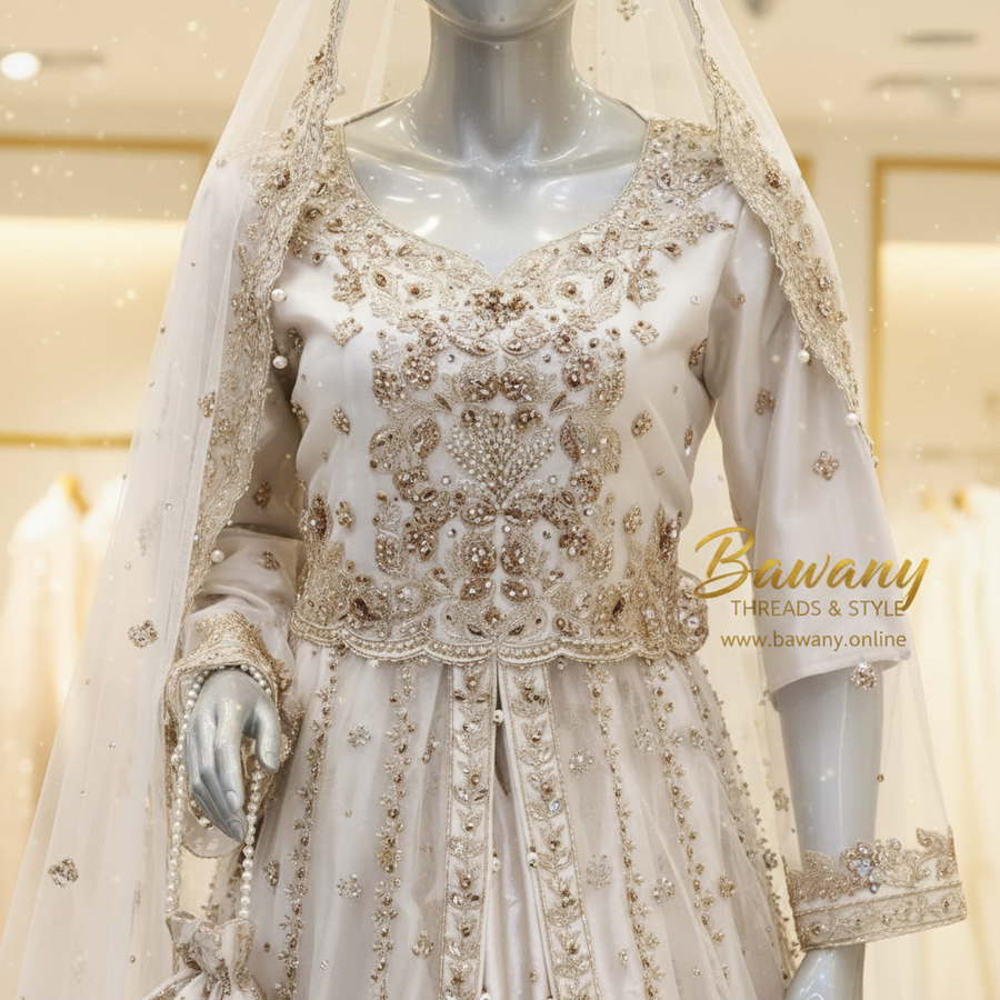 White Bridal Angrakha Lehenga | Dense Silver Zardozi All-Over Bodice & Double Border Hem | 3-Piece Pakistani Formal Wear | Ivory White Wedding Lehenga | Pearl Trim Bell Cuffs | Barat Collection — view 4 — Formals by Bawany Threads & Style