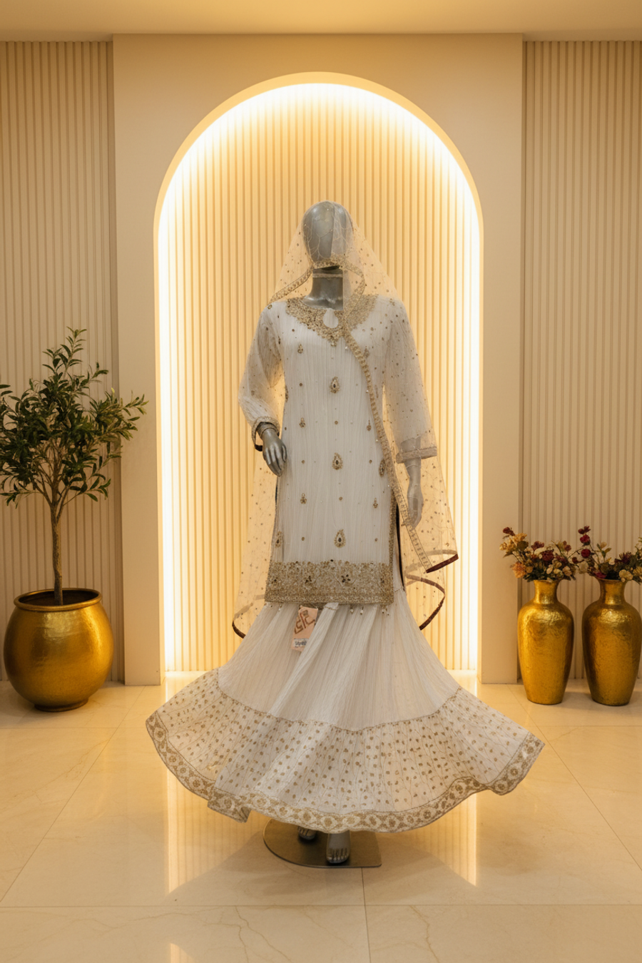 Ice White Gold & Black Stone Embroidered Bridal Sharara Set | Nikah & Walima — view 4 — Bridal by Bawany Threads & Style