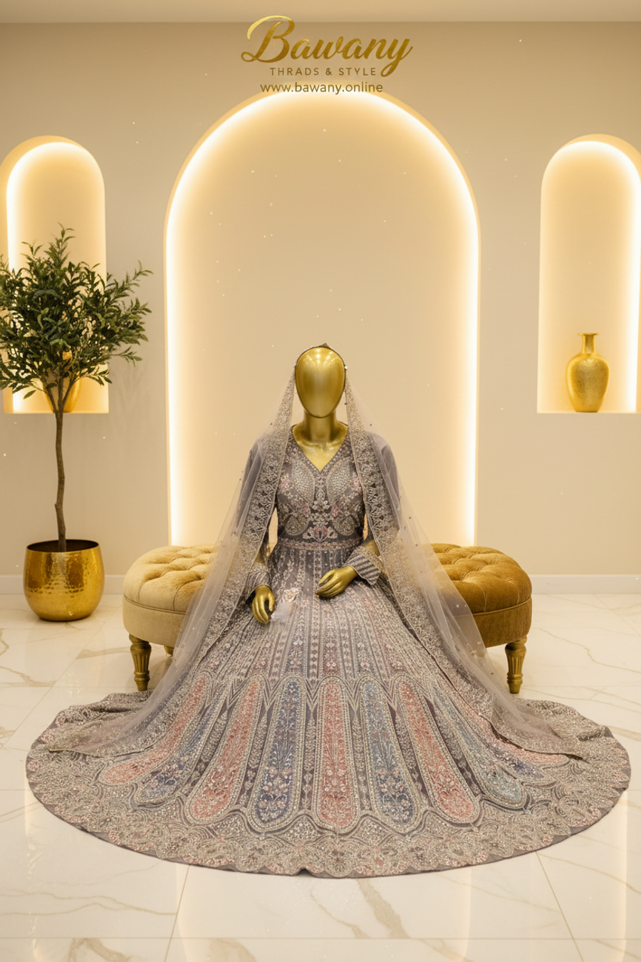 Silver Grey Bridal Lehenga Set | 3D Butterfly Chest & Ombre Panel Lehenga & Arch Dome Hem Border | 3-Piece Pakistani Bridal Wear | Silver Sequin Net Lehenga | Multicolour Ombre Panels | V-Neckline Zardozi Blouse | Barat & Walima Collection — view 2 — Formals by Bawany Threads & Style