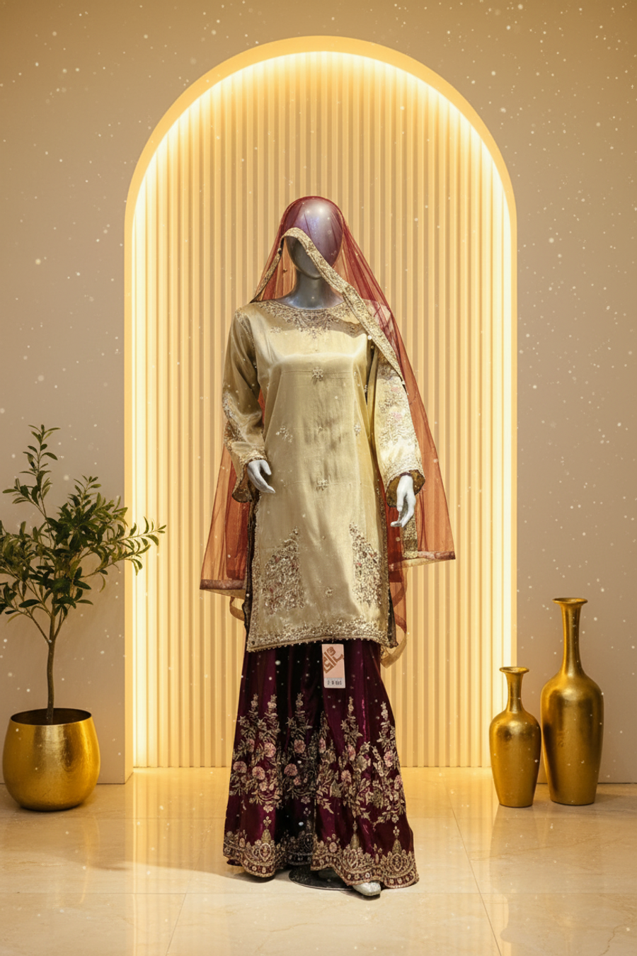 Champagne Gold Silk Suit with Deep Burgundy Gharara | Gold Zardozi Floral Embroidery — view 2 — Bridal by Bawany Threads & Style