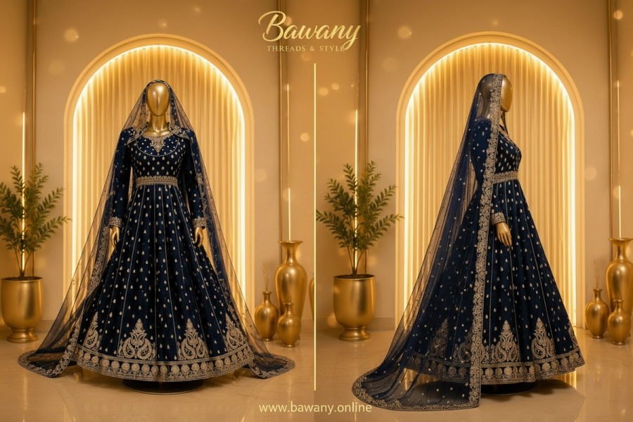 Navy Blue Bridal Anarkali Gown | Gold Zardozi Embroidered | Full Flare Pakistani Bridal Dress | Midnight Navy Formal Wear | Barat & Walima Collection — view 3 — Formals by Bawany Threads & Style