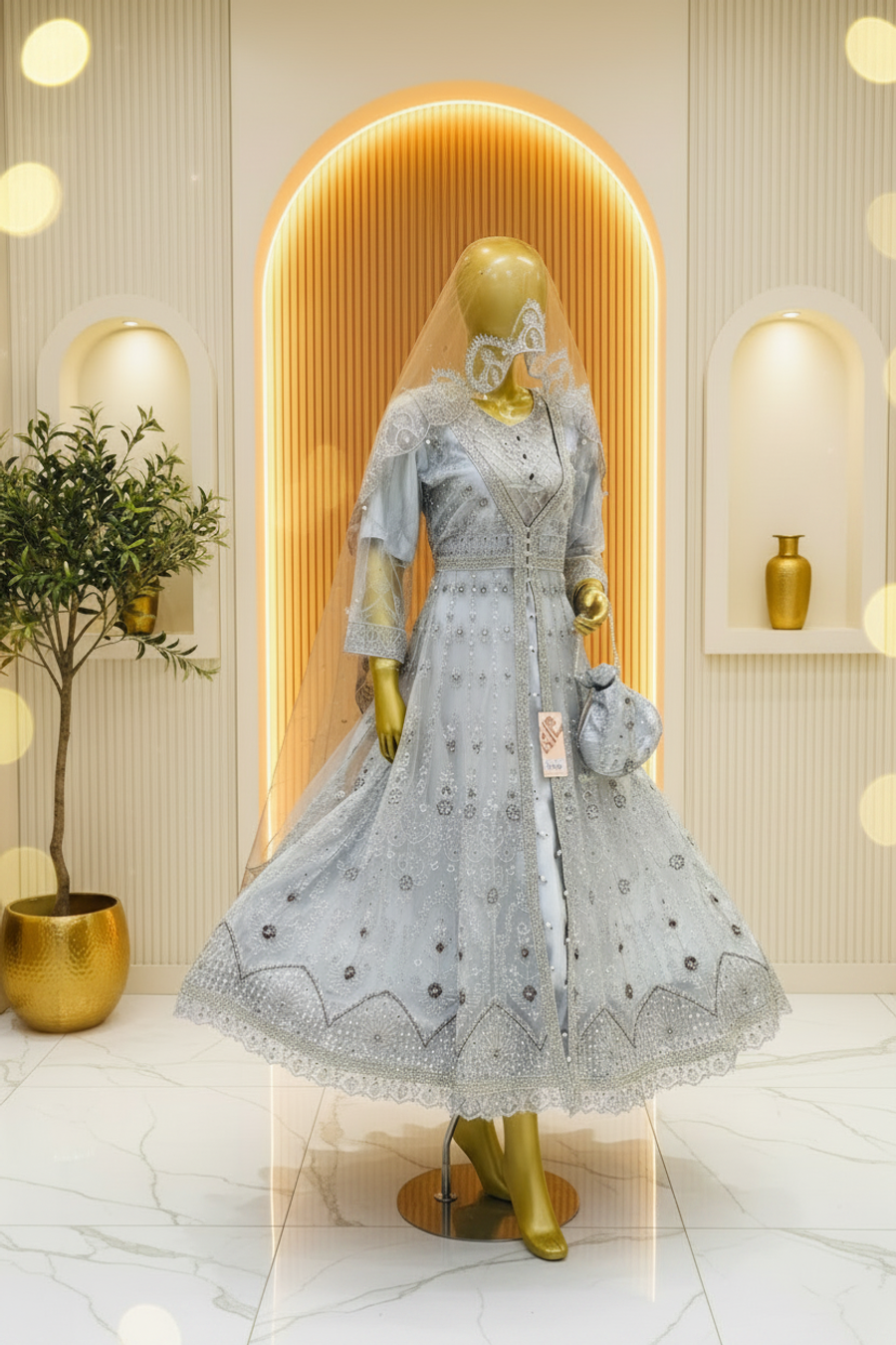 Pale Silver Embroidered Bridal Dress | Floral & Geometric Silverwork | Pakistani Formal Wear | Matching Veil & Potli | Wedding Collection — view 2 — Formals by Bawany Threads & Style