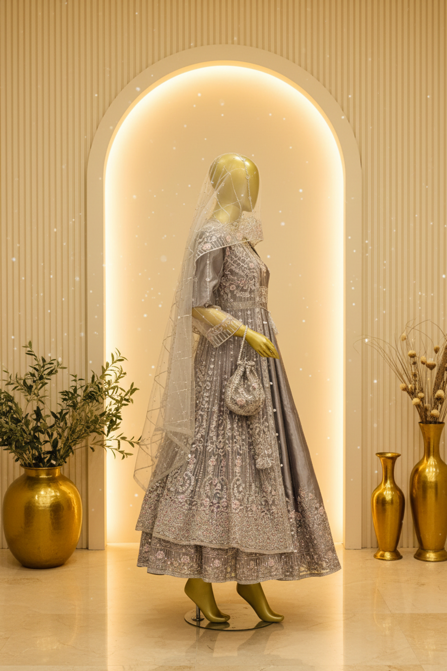 Silver Grey Silk Anarkali Gown with Embroidered Net Jacket | Pearl Tassel Belt & Potli Bag — view 2 — Bridal by Bawany Threads & Style