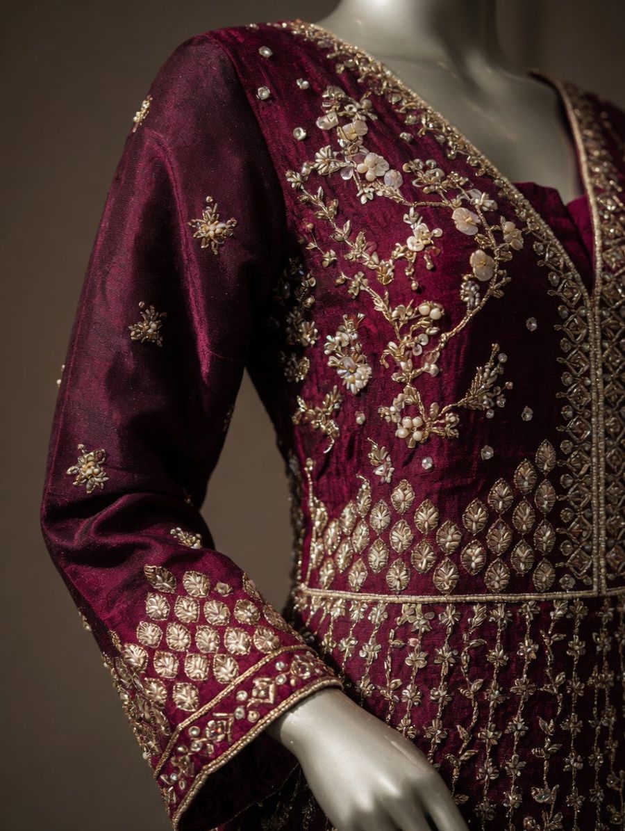 Deep Maroon Heavy Silver and Golden Embroidered Bridal Gown with Dupatta — view 3 — Bridal by Bawany Threads & Style