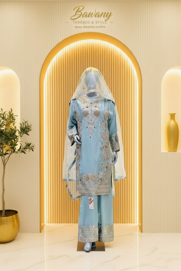 Icy Blue Floral Embroidered | Silver & Champagne-Gold Threadwork | 3-Piece Pakistani Formal Suit | Sheer Ivory Dupatta & Wide-Leg Trousers | Festive Collection — Bridal by Bawany Threads & Style
