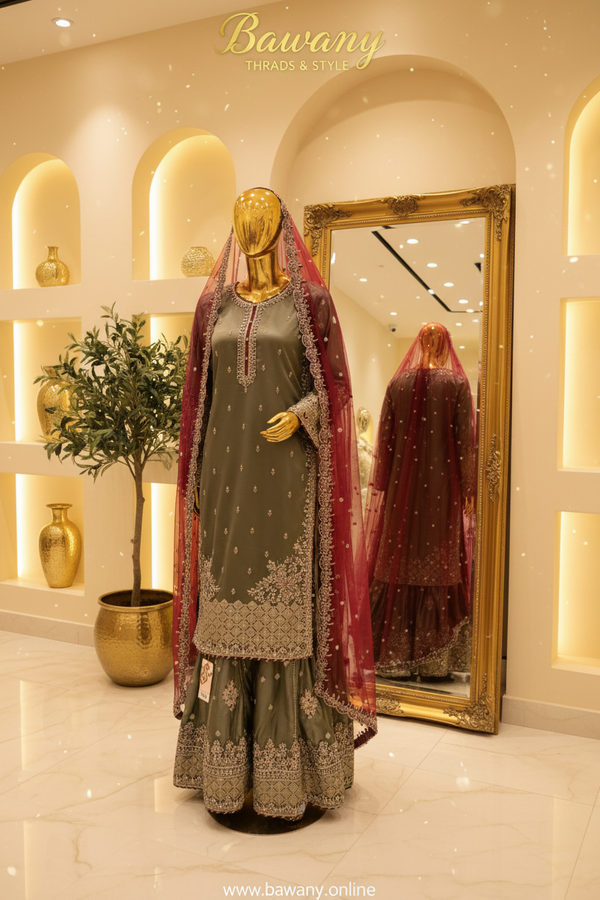 Olive Green Bridal Sharara Set | Fleur-de-Lis Motifs & Diamond Lattice Zardozi Borders | 3-Piece Pakistani Bridal Wear | Khaki Green Wedding Sharara | Contrasting Maroon Dupatta | Walima & Nikah Collection — Chiffon by Bawany Threads & Style