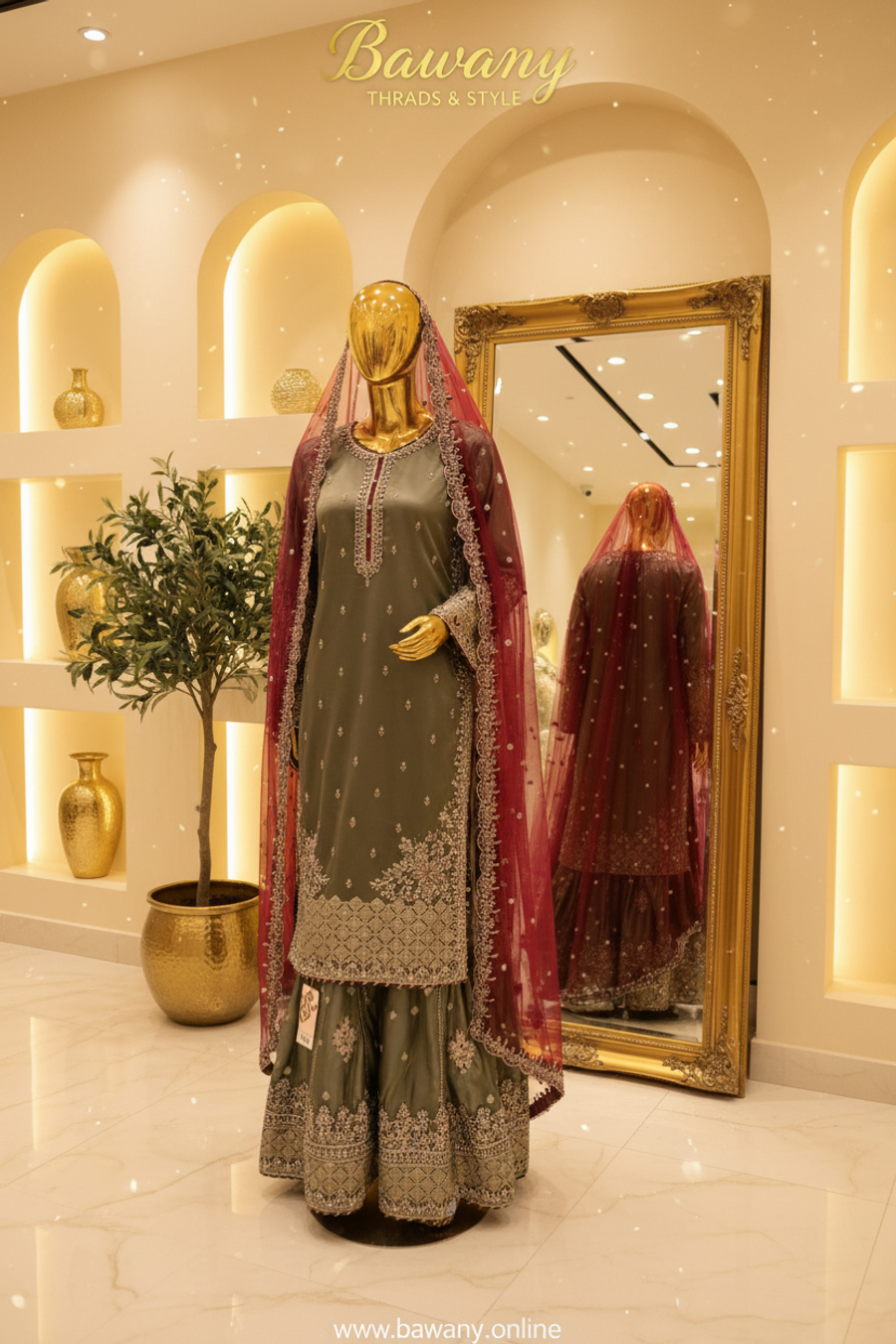 Olive Green Bridal Sharara Set | Fleur-de-Lis Motifs & Diamond Lattice Zardozi Borders | 3-Piece Pakistani Bridal Wear | Khaki Green Wedding Sharara | Contrasting Maroon Dupatta | Walima & Nikah Collection — Chiffon by Bawany Threads & Style