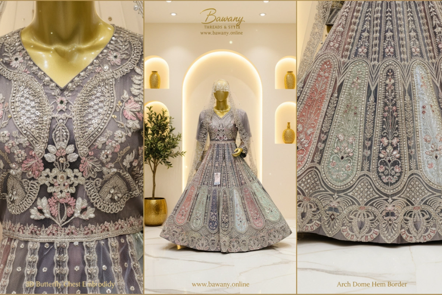 Silver Grey Bridal Lehenga Set | 3D Butterfly Chest & Ombre Panel Lehenga & Arch Dome Hem Border | 3-Piece Pakistani Bridal Wear | Silver Sequin Net Lehenga | Multicolour Ombre Panels | V-Neckline Zardozi Blouse | Barat & Walima Collection — view 4 — Formals by Bawany Threads & Style