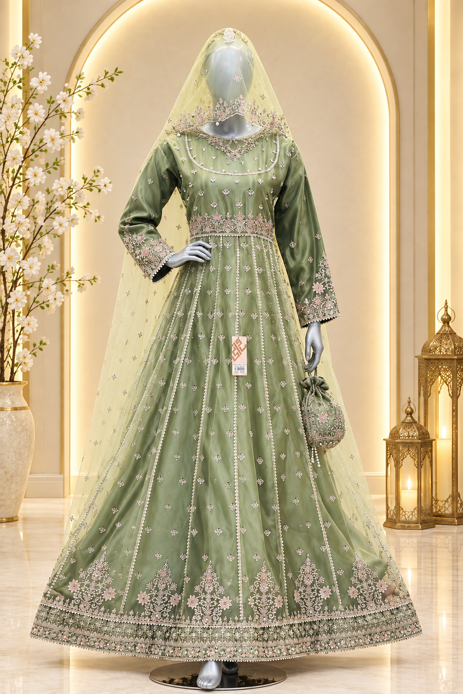 Sage Olive Noor Gown | Metallic Floral Embroidery & Ornate Hem | Long Flared Dress with Sheer Veil & Matching Potli | BAWANY Threads & Style — view 2 — Organza by Bawany Threads & Style