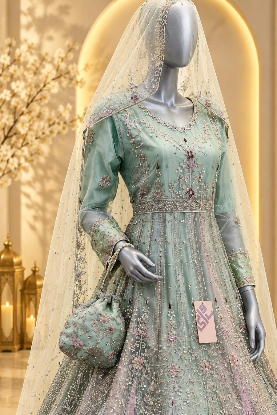 Mint Seafoam Embroidered Gown | Lavender & Blush Panelled Skirt | Pakistani Formal Gown | Silver Work, Ivory Veil & Matching Potli | Formal Collectio — view 3 — Formals by Bawany Threads & Style