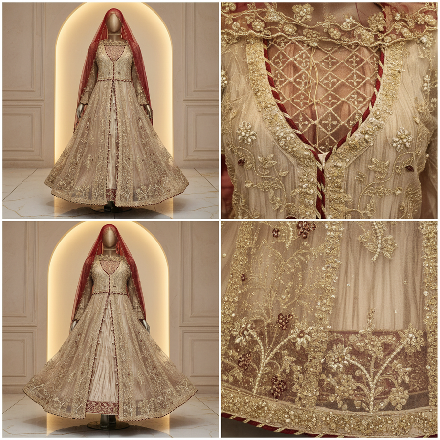 Ivory Cream Crushed Net Anarkali Gown | Deep V Lace-Up Neckline & Red Veil — view 2 — Bridal by Bawany Threads & Style