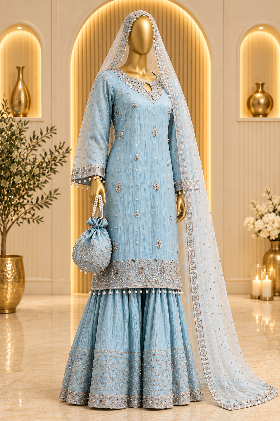 Powder Blue Embroidered Sharara Set | Silver & Pearl Neckline Work | 3 Piece Pakistani Formal Sharara | Sheer Dupatta & Matching Potli | Formal Collection — Organza by Bawany Threads & Style