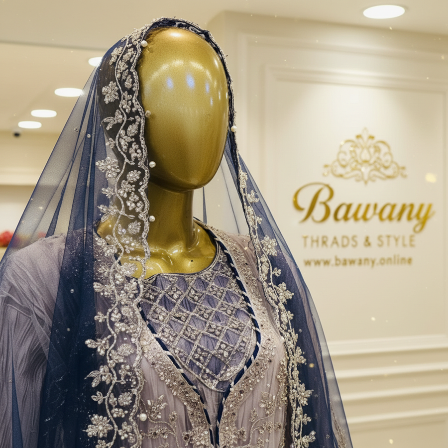 Lavender Grey Bridal Jacket Set | Crinkle Net Open Jacket & Silver Thread Lines & Scalloped Fringe Borders | 3-Piece Pakistani Bridal Wear | Dusty Mauve Wedding Jacket | Navy Blue Dupatta | Diamond Lattice Inner Bodice | Nikah & Walima Collection — view 4 — Formals by Bawany Threads & Style