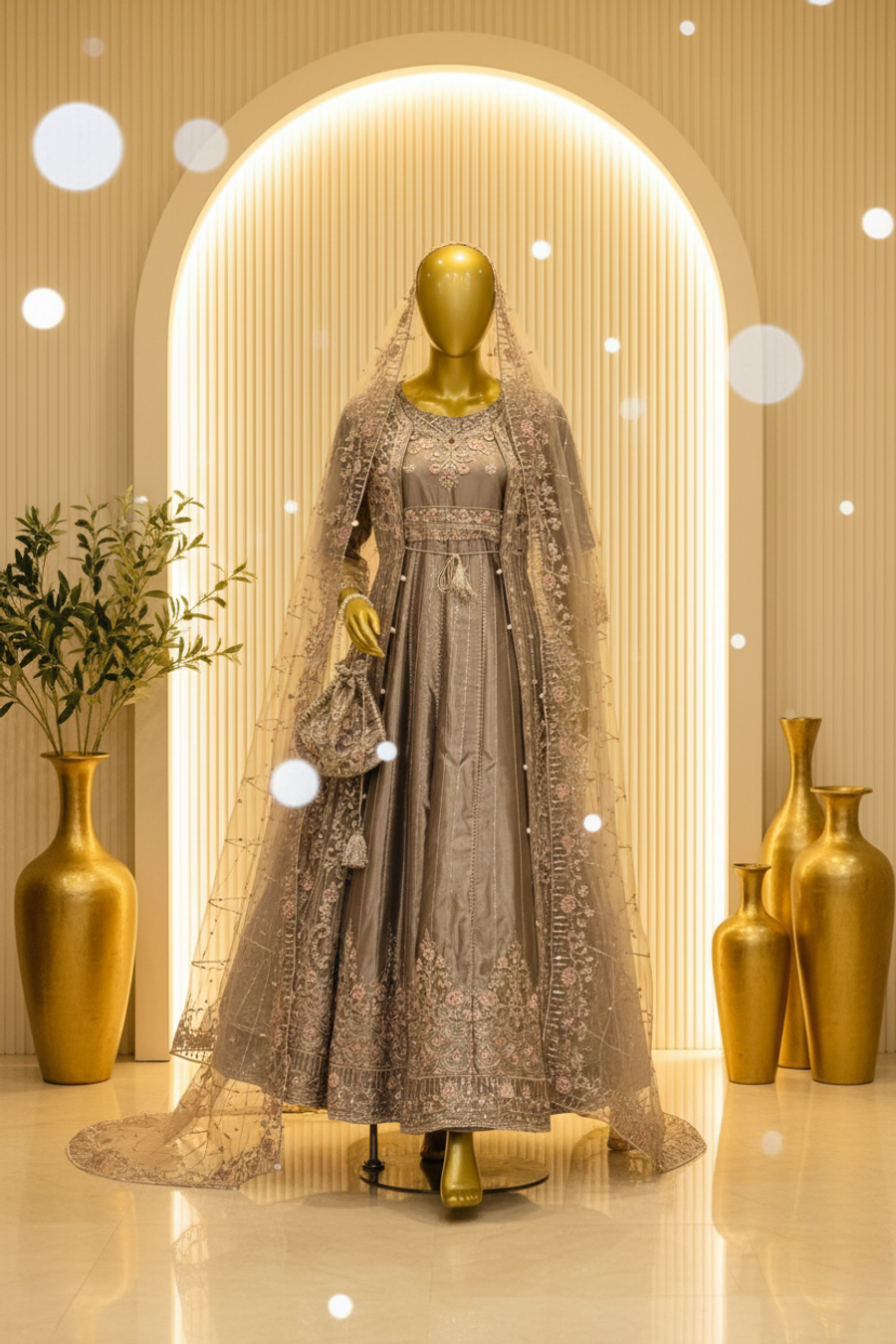 Silver Grey Silk Anarkali Gown with Embroidered Net Jacket | Pearl Tassel Belt & Potli Bag — view 4 — Bridal by Bawany Threads & Style