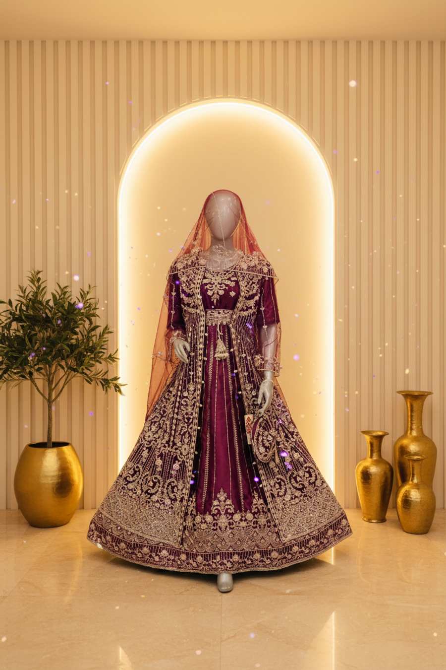 Deep Plum Purple Velvet Bridal Lehenga Gown | Gold Zardozi Cape Overlay & Pearl Chain Tassels — view 2 — Bridal by Bawany Threads & Style