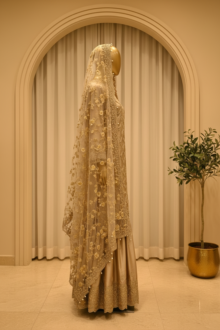 Champagne Gold Lattice Zardozi Gharara Set with Net Dupatta — view 2 — Bridal by Bawany Threads & Style