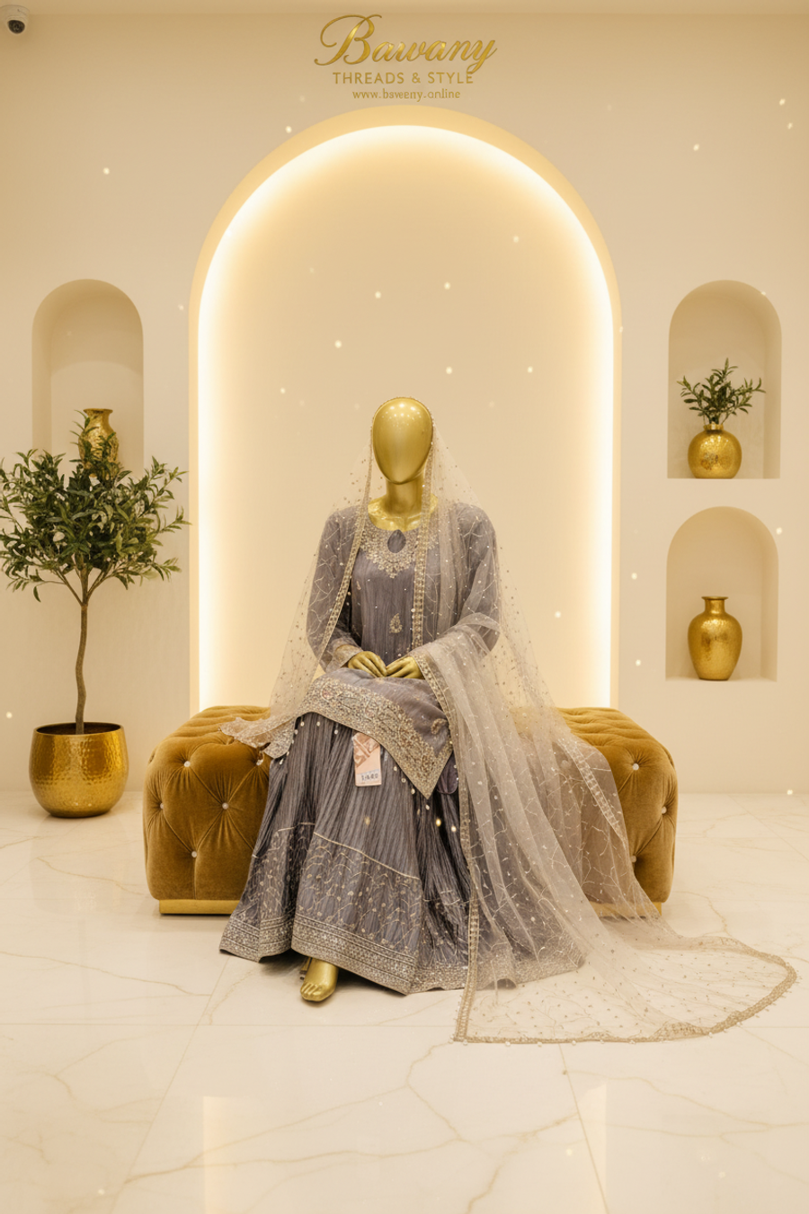Steel Grey Bridal Sharara Set | Silver Zardozi Teardrop Motifs & Pearl Drop Hem Border | 3-Piece Pakistani Formal Wear | Slate Grey Wedding Sharara | Cream Dupatta | Walima & Nikah Collection — view 2 — Formals by Bawany Threads & Style