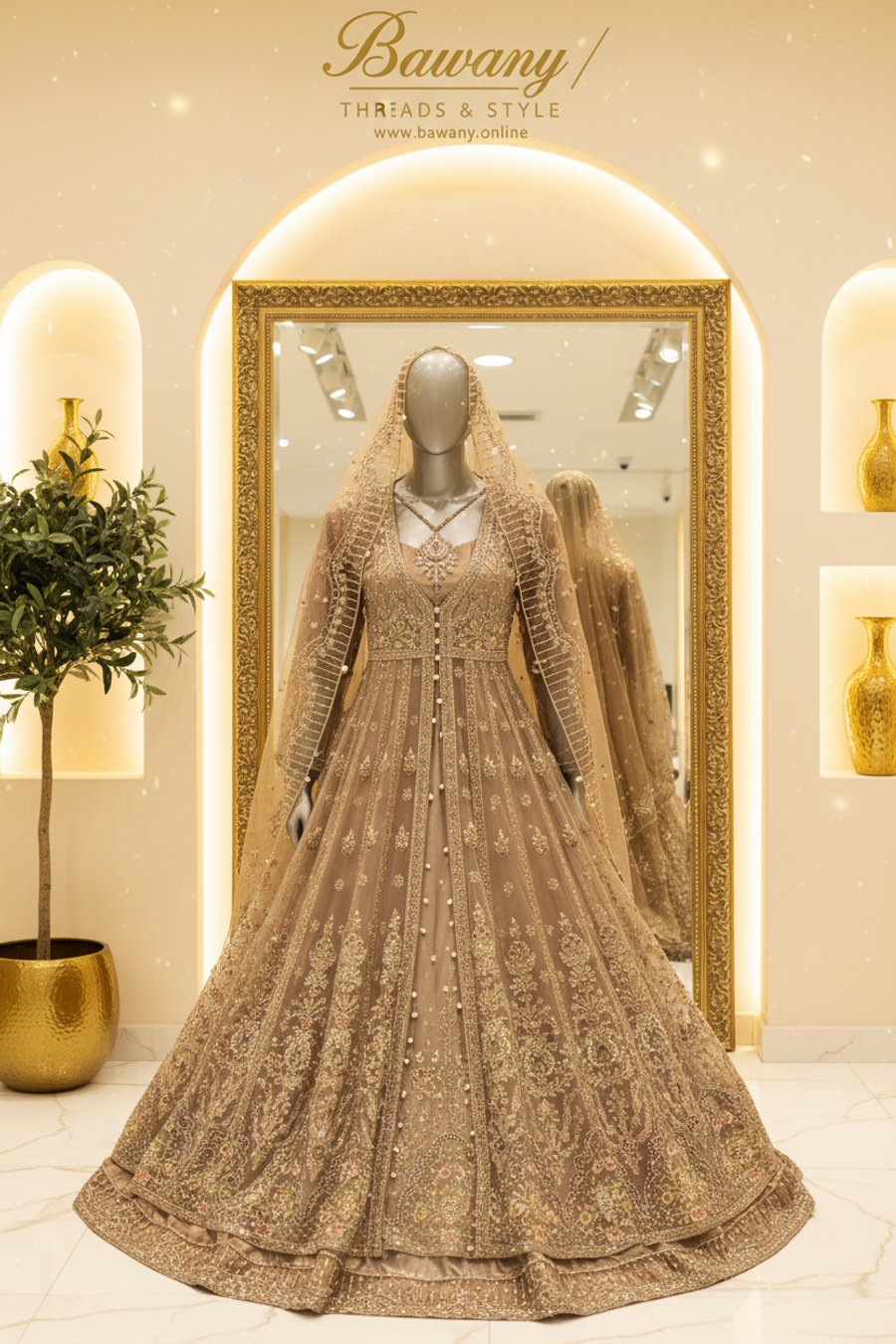 Warm Taupe Bridal Anarkali Gown | Pendant V-Neckline & Pearl Button Placket & Floral Bouquet Skirt | 2-Piece Pakistani Bridal Wear | Mauve Grey Wedding Gown | Dense Zardozi Bodice | Matching Champagne Dupatta | Nikah & Walima Collection — view 2 — Tissue by Bawany Threads & Style