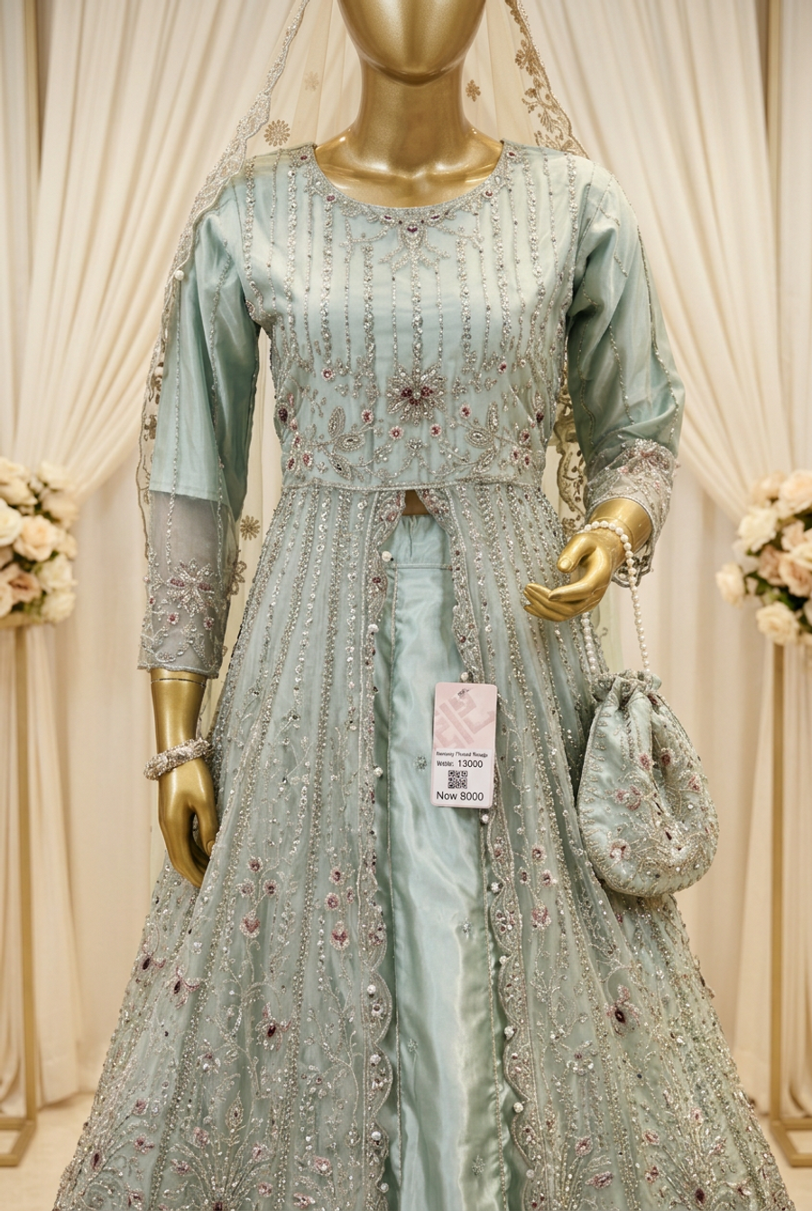 Mint Sage Floral Cascade | Silver Embroidery & Layered Scalloped Hem | Pakistani Formal Open-Front Gown | Sheer Dupatta & Matching Potli | BAWANY Collection — view 3 — Organza by Bawany Threads & Style