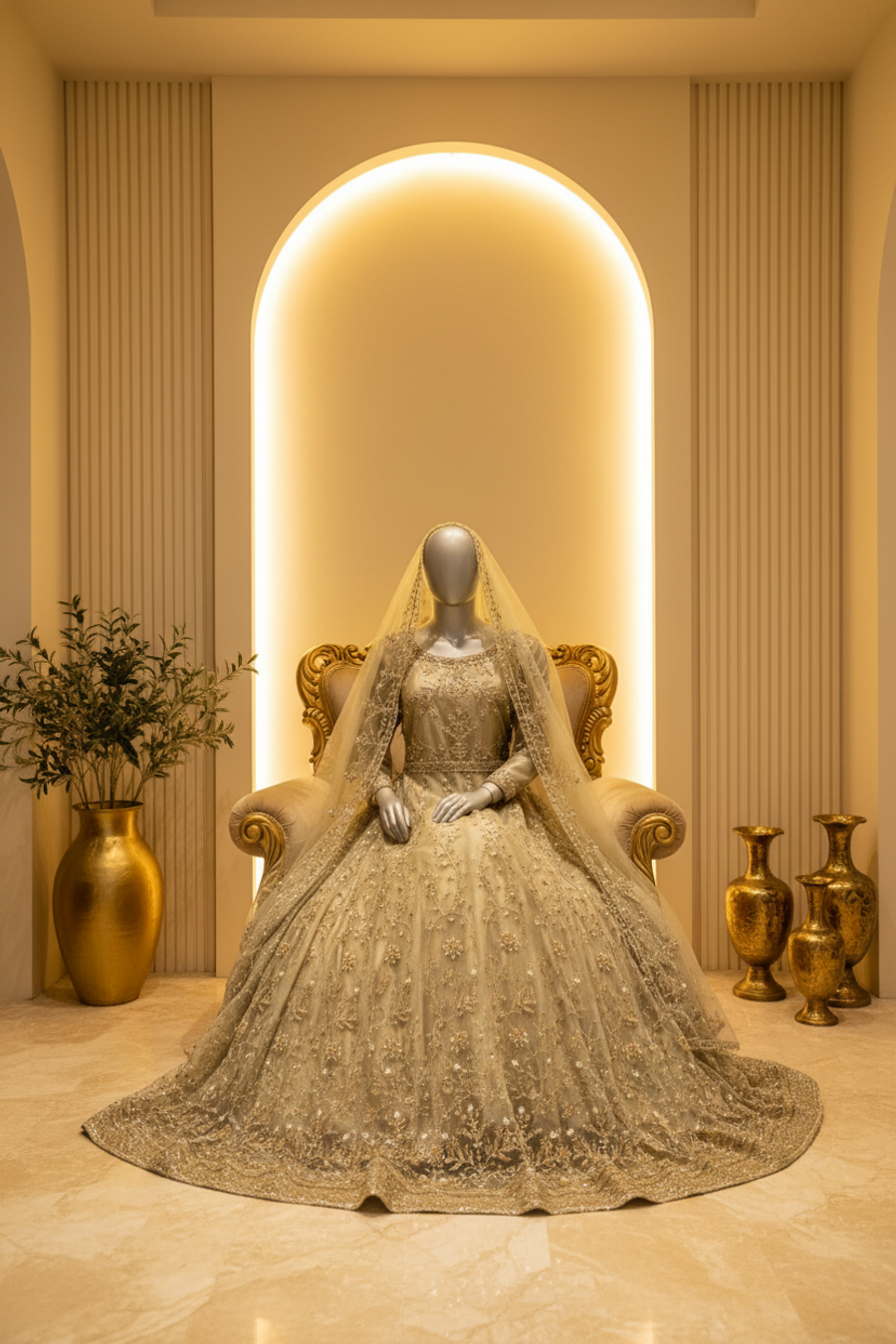 Sage Green Net Anarkali Gown | Gold Silver Sequin Embroidery with Veil — view 3 — Bridal by Bawany Threads & Style