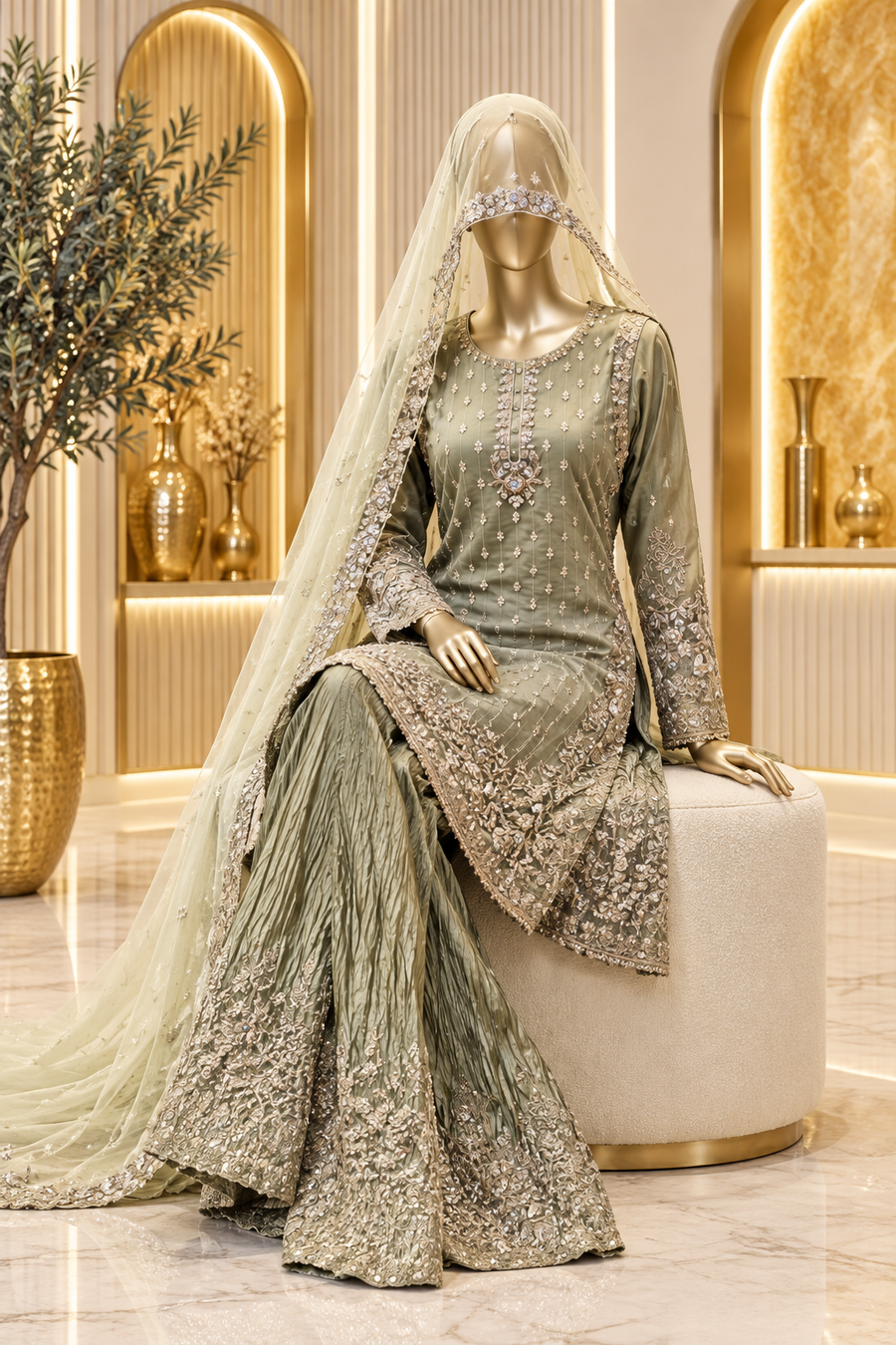 Olive Grey Floral Elegance | Metallic Embroidery & Textured Flared Trousers | Pakistani Formal Kameez Ensemble | Sheer Ivory-Sage Dupatta | BAWANY Collection — view 4 — Formals by Bawany Threads & Style