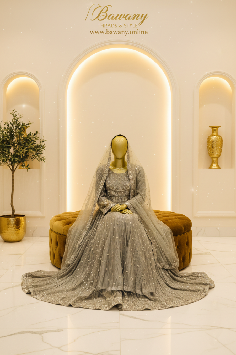 Silver Grey Bridal Anarkali Gown | Daisy Motif Skirt & Tassel Placket & Double Hem Border | 2-Piece Pakistani Bridal Wear | Sage Grey Wedding Gown | Dense Floral Vine Bodice | Matching Grey Dupatta | Walima & Nikah Collection — view 2 — Formals by Bawany Threads & Style
