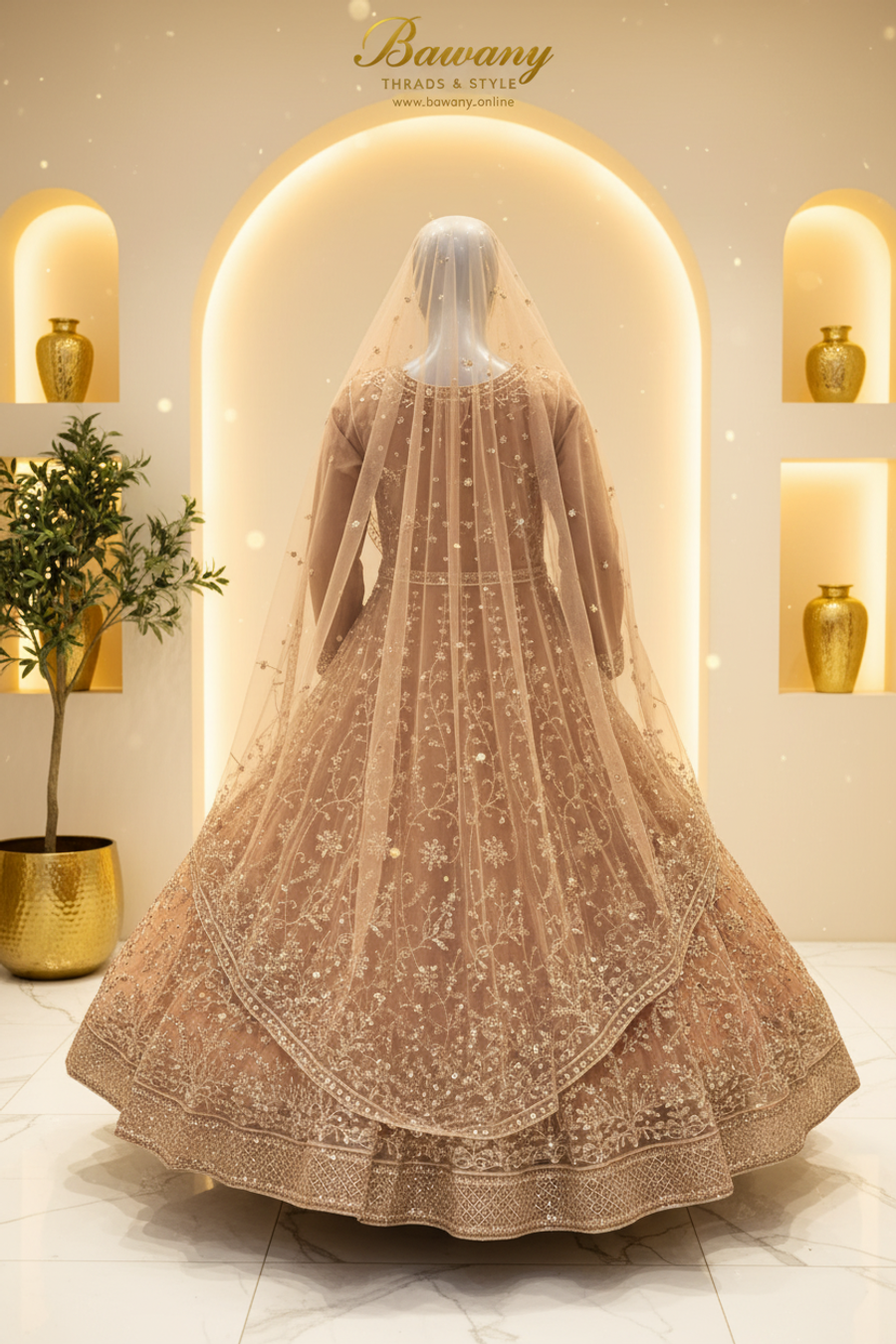 Rose Gold Bridal Anarkali Gown | Silver Zardozi Vine Embroidery & Spaced Floral Spray Motifs | 2-Piece Pakistani Formal Wear | Dusty Rose Wedding Gown | Matching Champagne Dupatta | Walima & Nikah Collection — view 4 — Net by Bawany Threads & Style