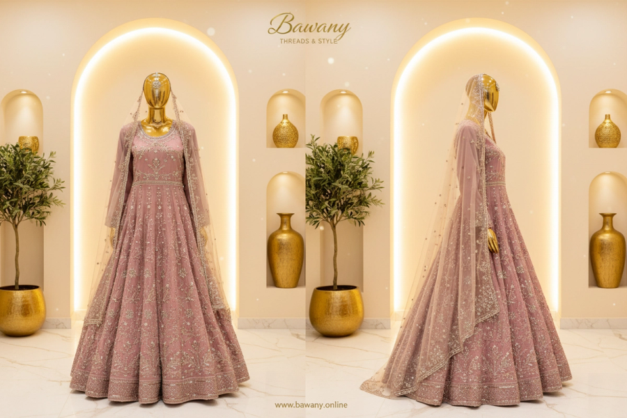 Dusty Rose Bridal Anarkali Gown | Silver Zardozi Star Motifs & Double Border Hem | 2-Piece Pakistani Formal Wear | Mauve Pink Wedding Gown | Walima & Nikah Collection — view 3 — Tissue by Bawany Threads & Style