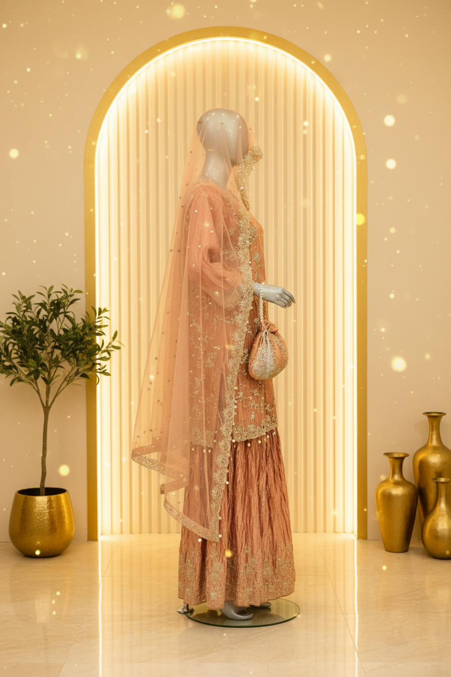 Peach Salmon Crushed Net Gharara Set | Gold Silver Embroidery Mirror Work & Potli Bag — view 2 — Bridal by Bawany Threads & Style