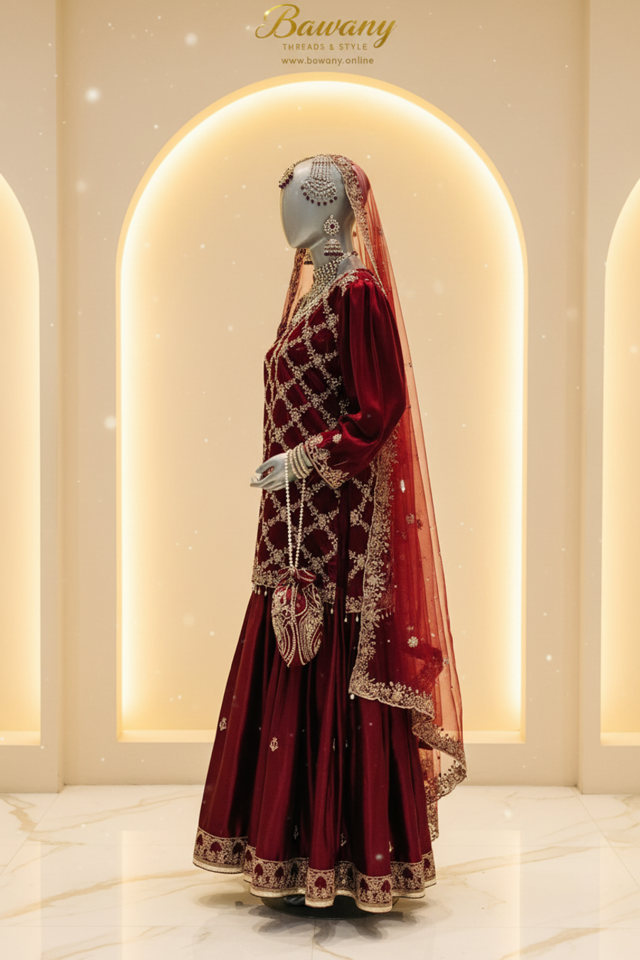 Deep Maroon Bridal Sharara Set | Full-Body Diamond Lattice Gold Zardozi & Pearl Drop Tassels | 3-Piece Pakistani Bridal Wear | Dark Burgundy Velvet Kurti | Floral Bouquet Motifs at Every Lattice Intersection | Wide Flared Sharara & Matching Dupatta | Barat & Walima Collection — view 2 — Formals by Bawany Threads & Style