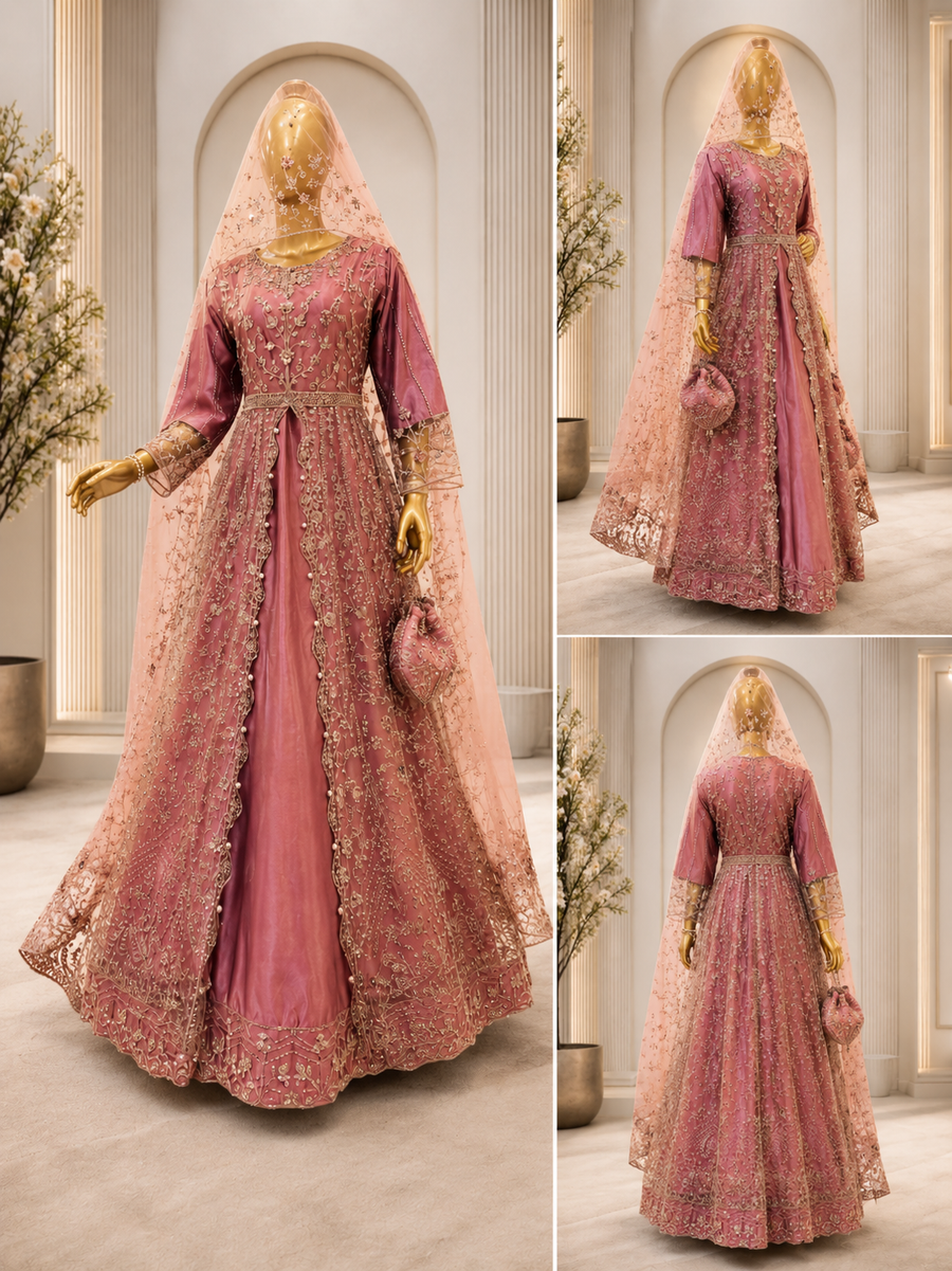 Dusty Rose Pink Heavy Embroidered Bridal Gown with Dupatta & Potli — view 3 — Bridal by Bawany Threads & Style