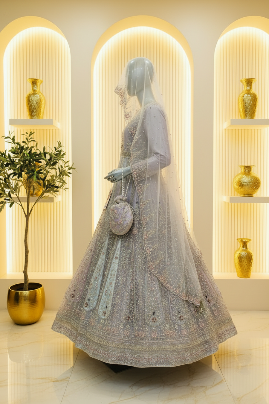 Silver-Grey Heavy Embroidered Bridal Anarkali | Nikah & Walima — view 2 — Bridal by Bawany Threads & Style