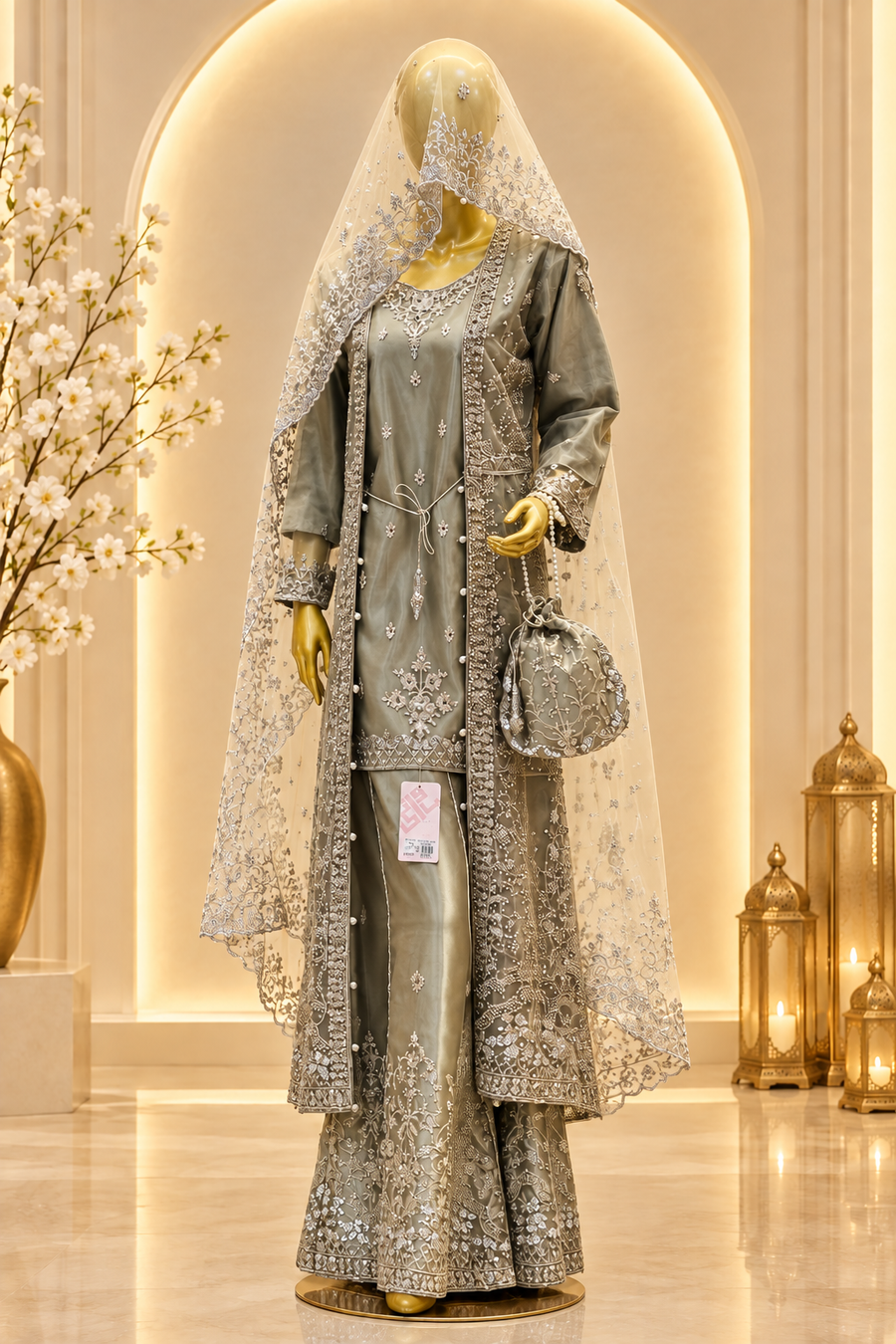 Smoky Olive Grey Formal Ensemble | Silver-Embroidered Open Jacket & Kameez | Pakistani Formal Wear | Ivory-Gold Veil & Matching Potli | Formal Collection — view 4 — Tissue by Bawany Threads & Style