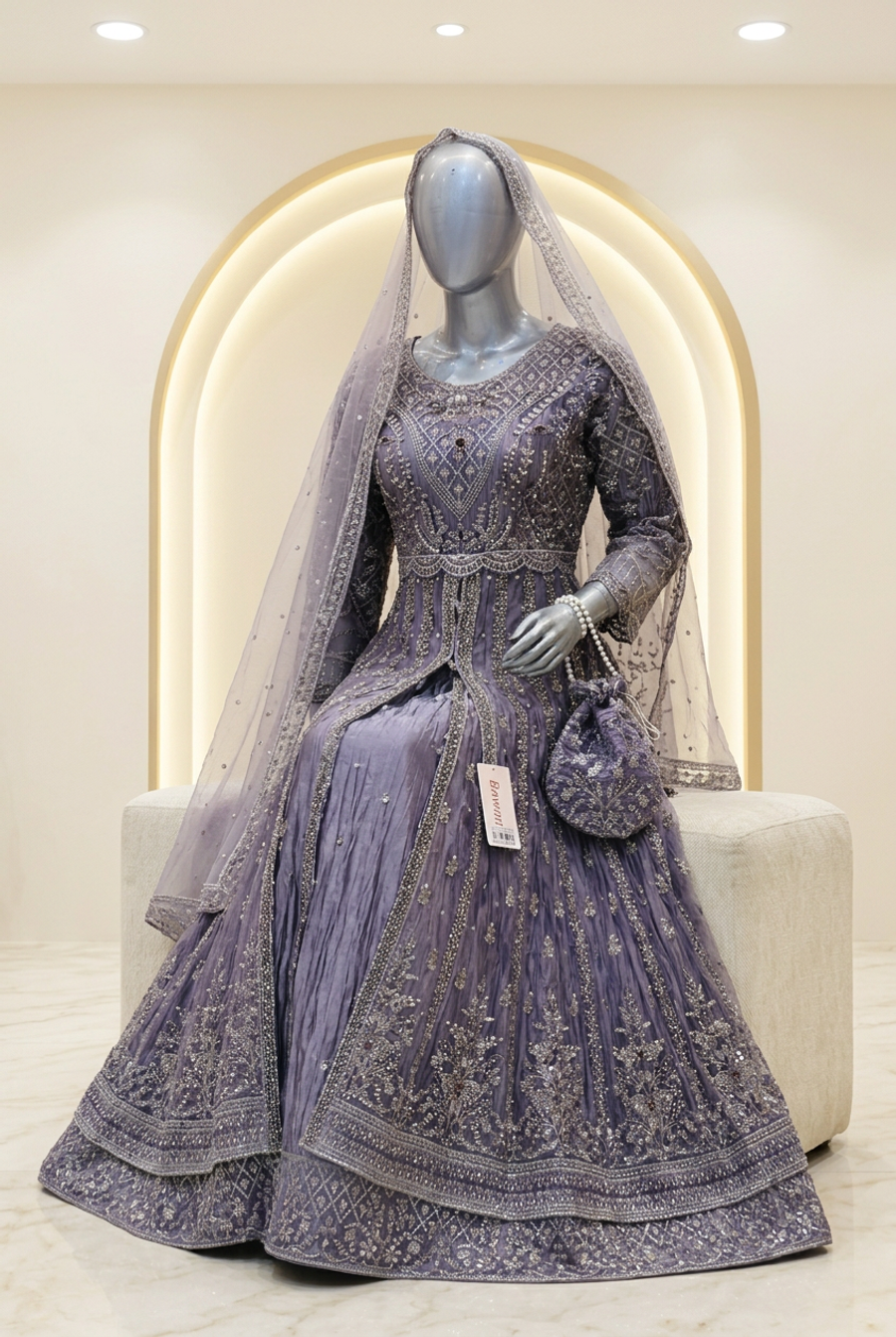 Smoky Violet Silver Majesty Dress | Geometric & Floral Embroidery | Open-Front Layered Flared Outfit | Pale Lilac Veil & Matching Potli | Wedding Edit — view 3 — Tissue by Bawany Threads & Style