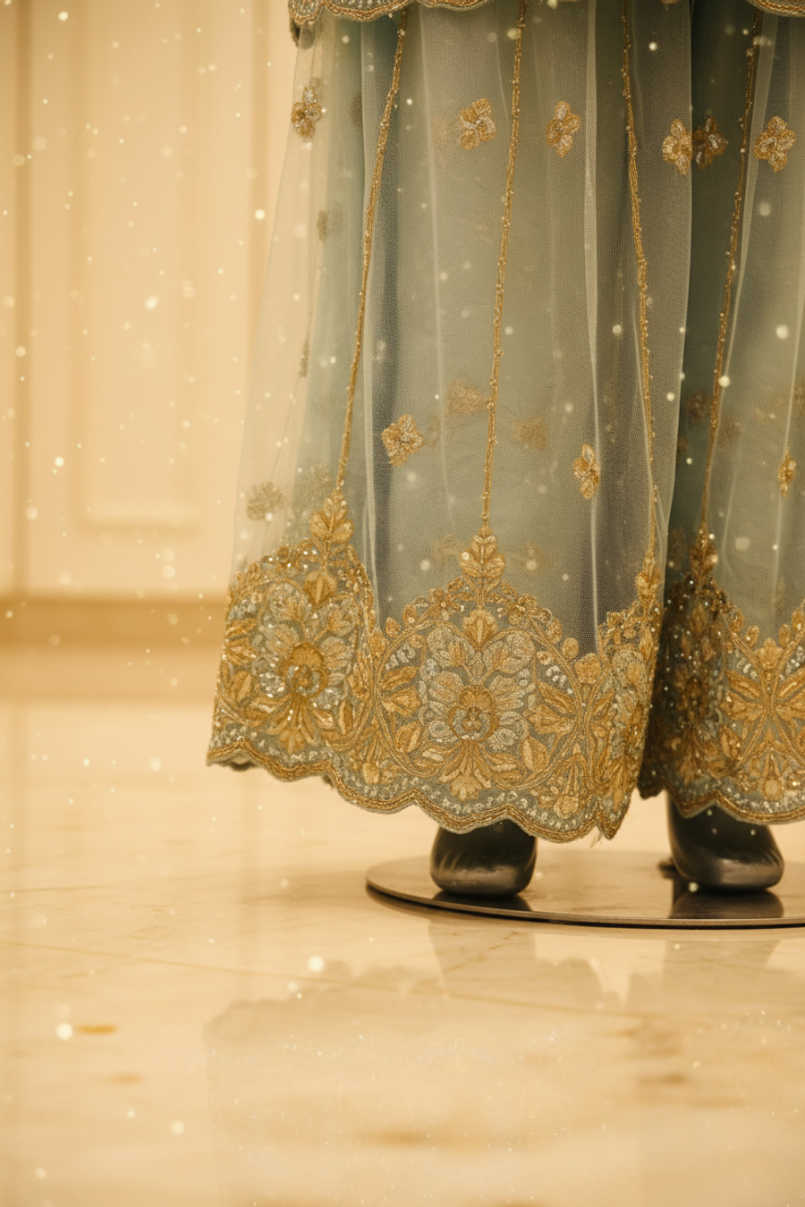 Ice Blue Mint Net Bridal Suit | Gold Silver Zardozi Embroidery with Gharara & Veil — view 2 — Bridal by Bawany Threads & Style
