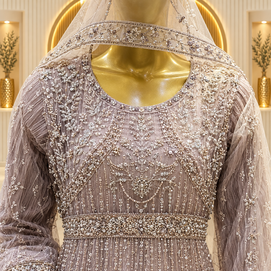Lilac Grey Silver Bloom | Floral Embroidery & Vertical Beadwork | Pakistani Formal Flared Gown | Sheer Ivory Vine Dupatta | BAWANY Collection — view 2 — Formals by Bawany Threads & Style