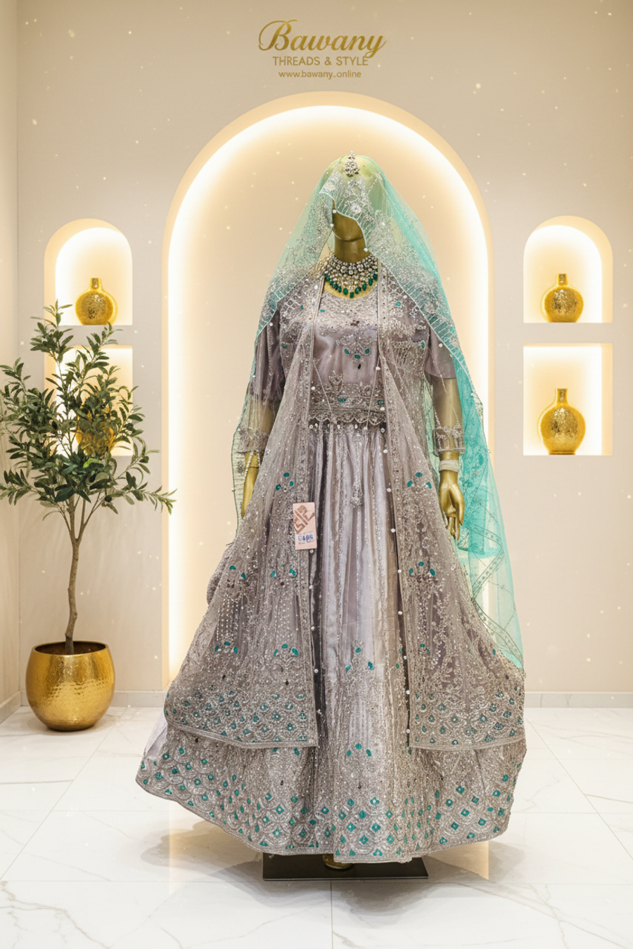 Silver Grey Bridal Anarkali Gown | All-Over Silver Zardozi & Emerald Green Mirror Embellishments | 2-Piece Pakistani Formal Wear | Dove Grey Wedding Gown | Pearl Waistband Drops | Mint Green Dupatta | Walima Collection — view 4 — Bridal by Bawany Threads & Style