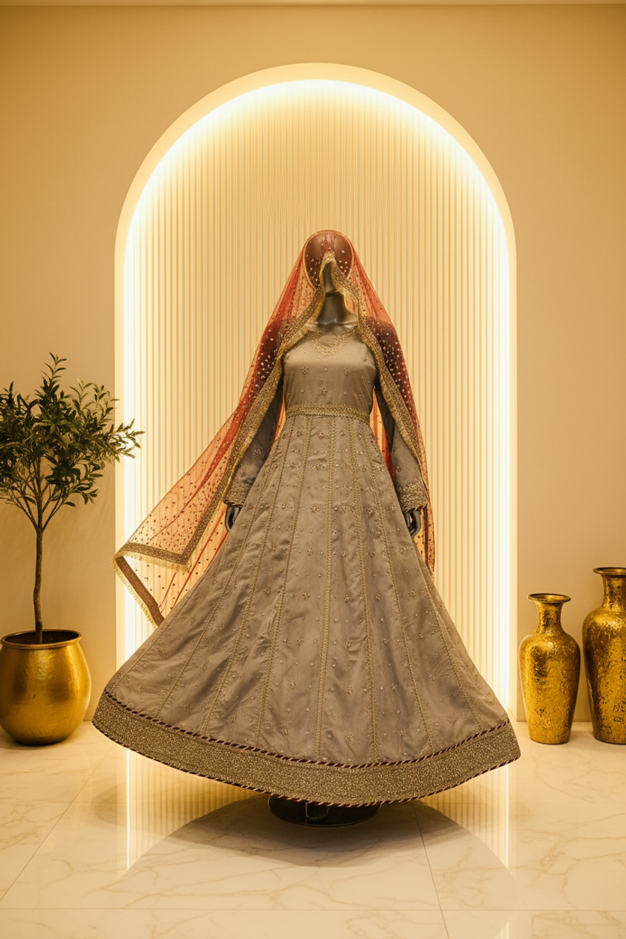 Steel Grey Gold Embroidered Bridal Anarkali | Wine Red Veil & Crystal Booti — view 4 — Bridal by Bawany Threads & Style