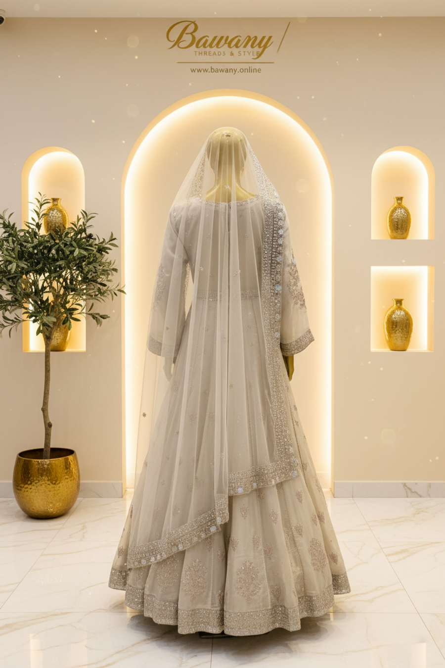 Pearl White Bridal Anarkali Frock | Delicate Chest Floral Motif & Wide Silver Waistband & Panel Seam Lines | 2-Piece Pakistani Bridal Wear | Off-White Ivory Silk Organza Frock | Scattered Fleur-de-lis Motifs | Heavy Ivory Dupatta | Nikah & Walima Collection — view 3 — Organza by Bawany Threads & Style