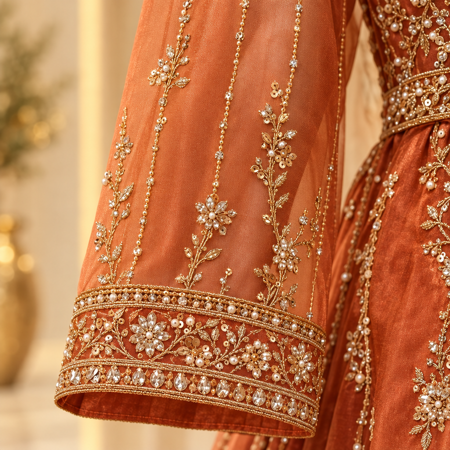 Burnt Copper Bridal Lehenga Set | Gold Embroidered Open-Front Jacket & Pleated Lehenga | Pakistani Wedding Outfit | Sheer Embroidered Dupatta | Bridal Collection — view 2 — Net by Bawany Threads & Style