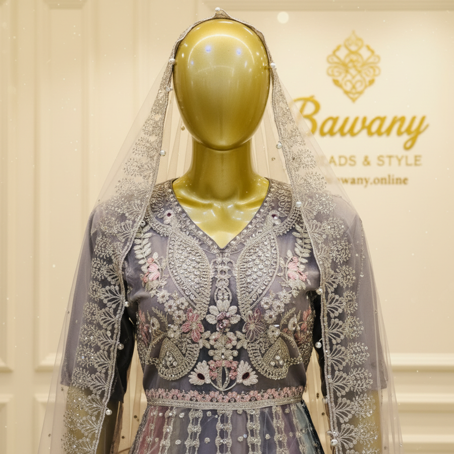 Silver Grey Bridal Lehenga Set | 3D Butterfly Chest & Ombre Panel Lehenga & Arch Dome Hem Border | 3-Piece Pakistani Bridal Wear | Silver Sequin Net Lehenga | Multicolour Ombre Panels | V-Neckline Zardozi Blouse | Barat & Walima Collection — view 3 — Formals by Bawany Threads & Style
