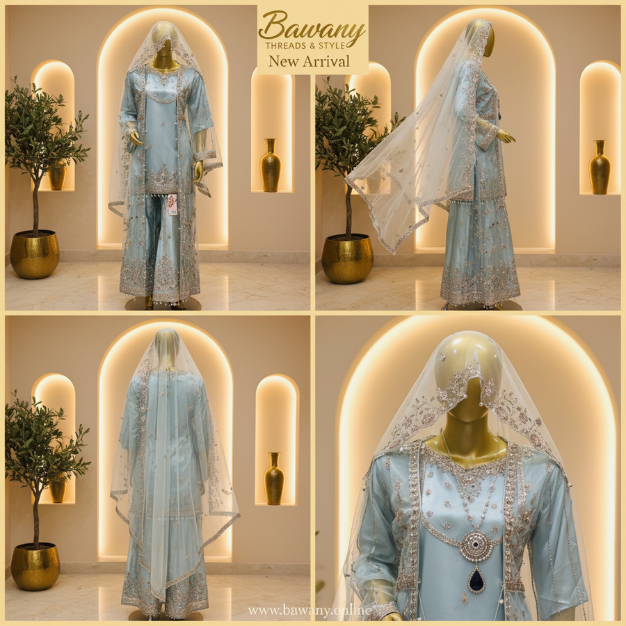 Ice Blue Bridal Palazzo Suit | Silver Zardozi Open Front Jacket & Stone Drop Medallion | 3-Piece Pakistani Formal Wear | Powder Blue Wedding Suit | Walima & Nikah Collection — view 3 — Organza by Bawany Threads & Style