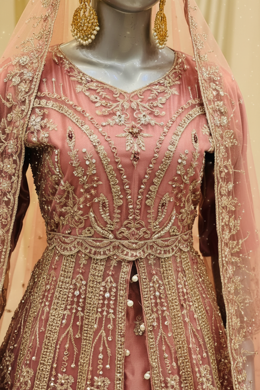 Dusty Rose Silk Bridal Lehenga Gown | Gold Zardozi Open Front Panel & Pearl Button Belt — view 4 — Bridal by Bawany Threads & Style