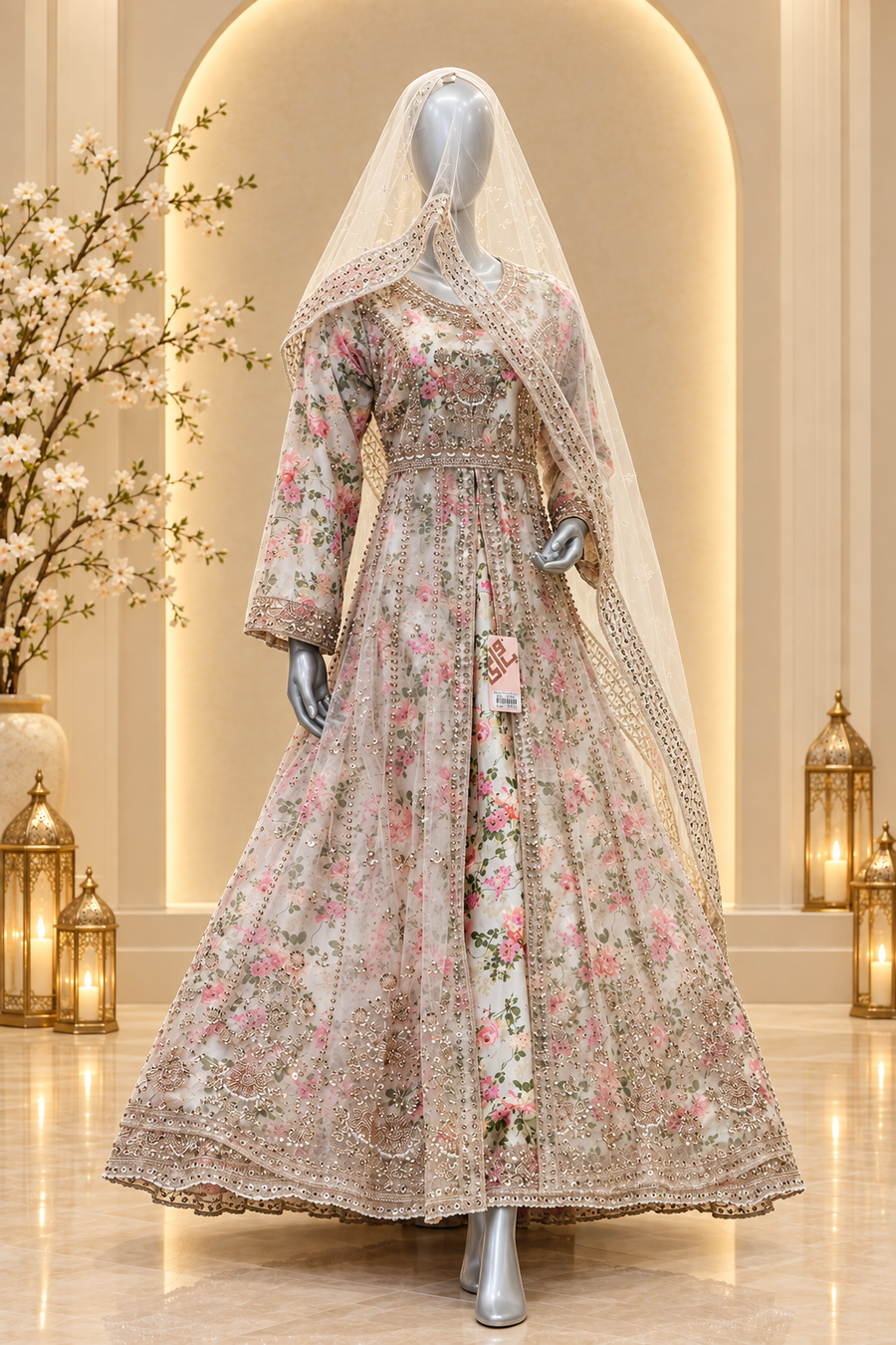 Pale Blush Floral Embroidered Ensemble | Silver-Gold Bodice & Ornate Hem | Pakistani Formal Gown | Sheer Blush Dupatta | BAWANY Collection — view 4 — Organza by Bawany Threads & Style