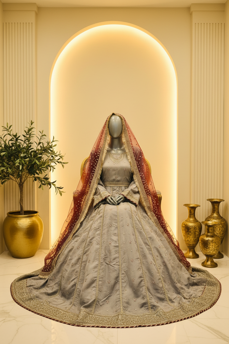 Steel Grey Gold Embroidered Bridal Anarkali | Wine Red Veil & Crystal Booti — view 3 — Bridal by Bawany Threads & Style