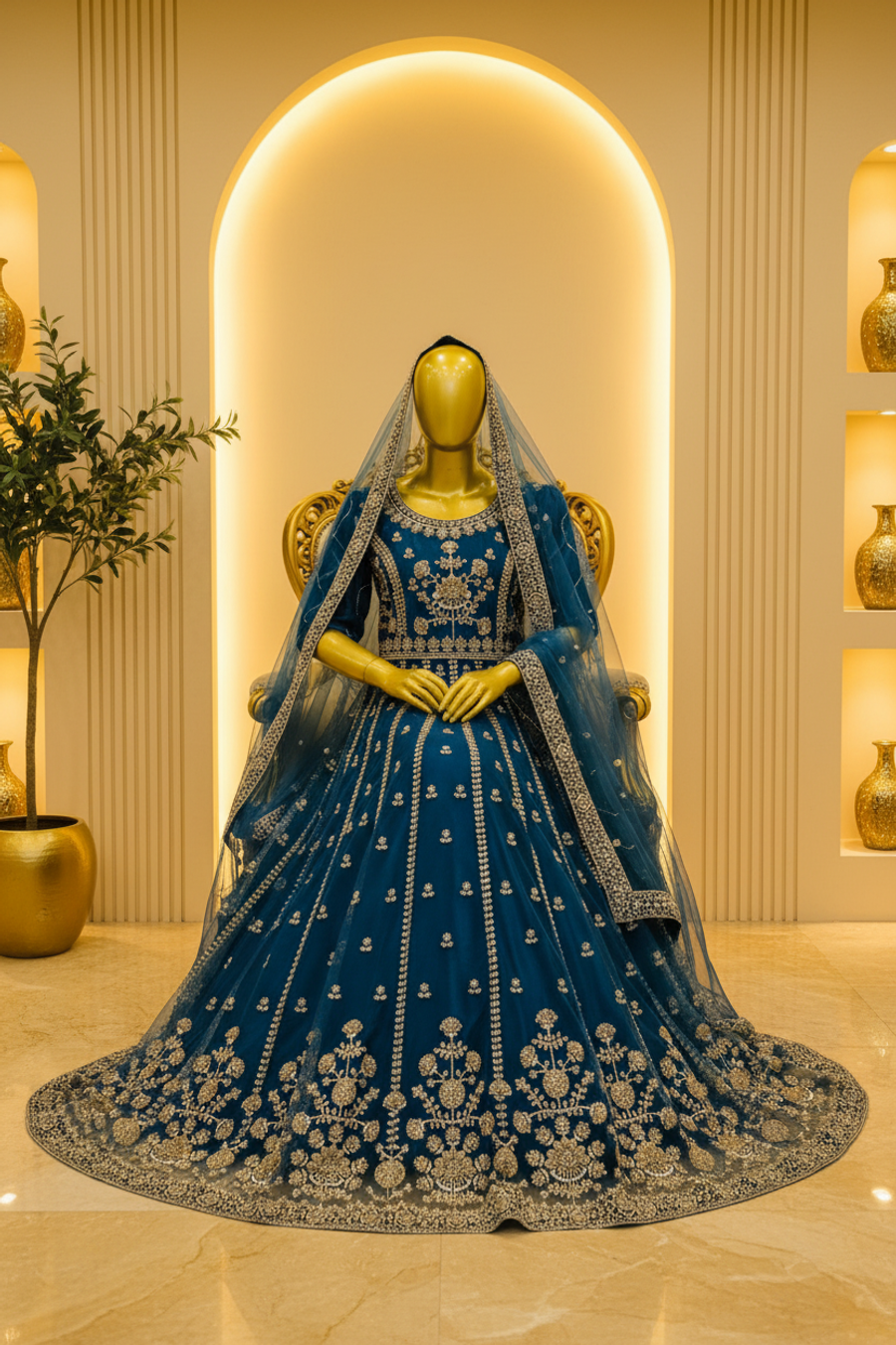 Teal Blue Heavy Zardozi Embroidered Bridal Anarkali | Gold Booti & Veil — view 3 — Bridal by Bawany Threads & Style