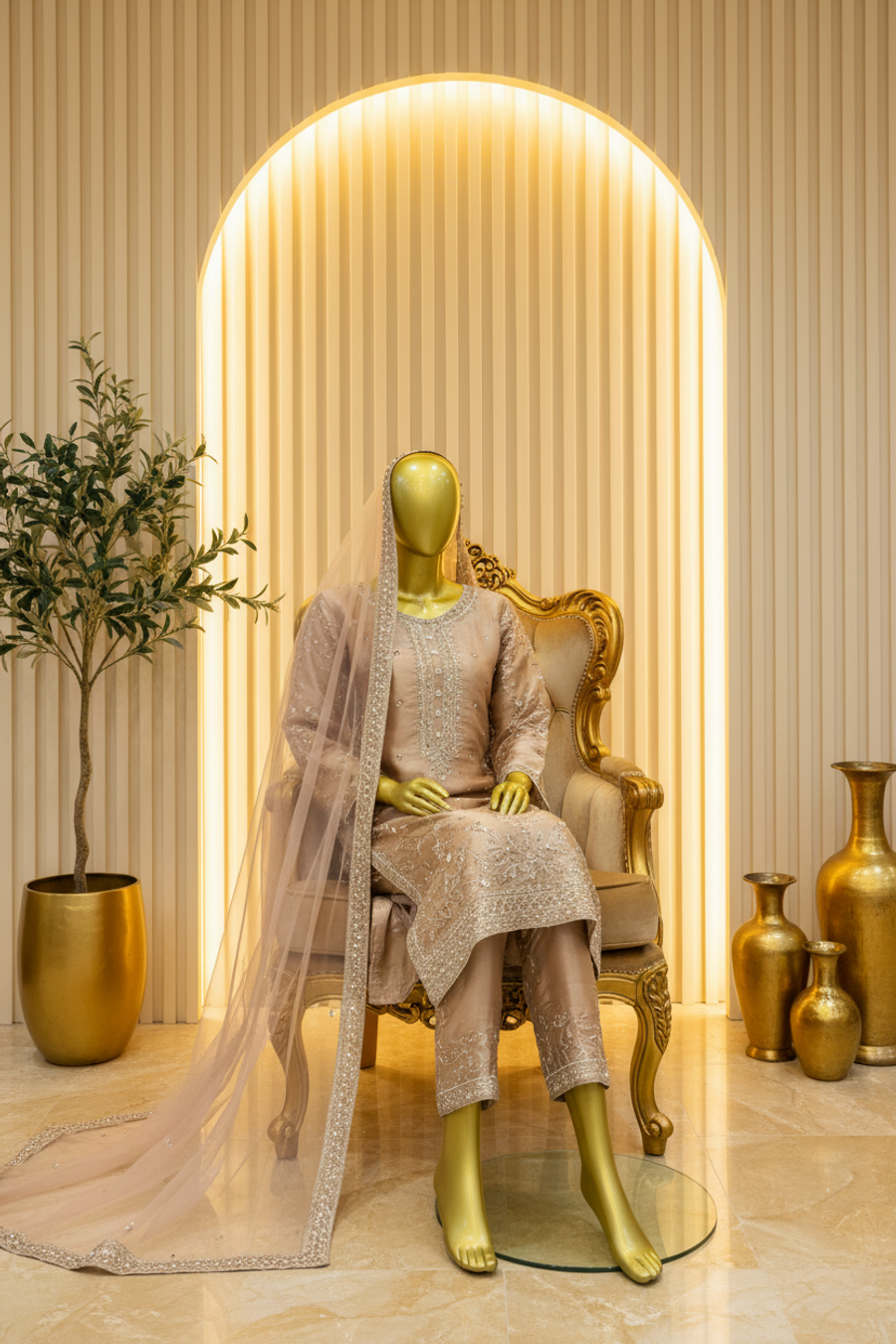 Champagne Rose Gold Silk Organza Bridal Suit | Gold Silver Embroidery with Dupatta — view 3 — Bridal by Bawany Threads & Style
